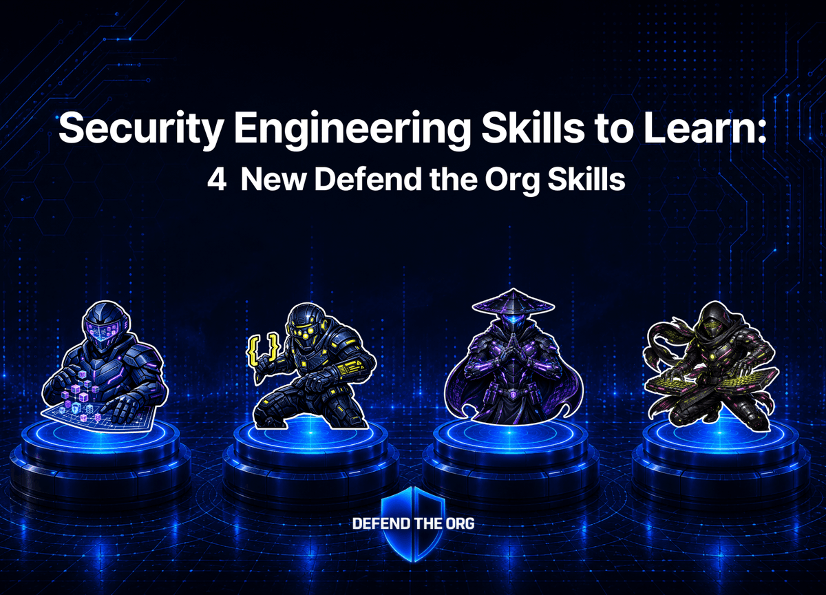 Four armored Defend the Org characters on glowing pedestals, one for each new skill: scripting, code review, system design and threat modeling